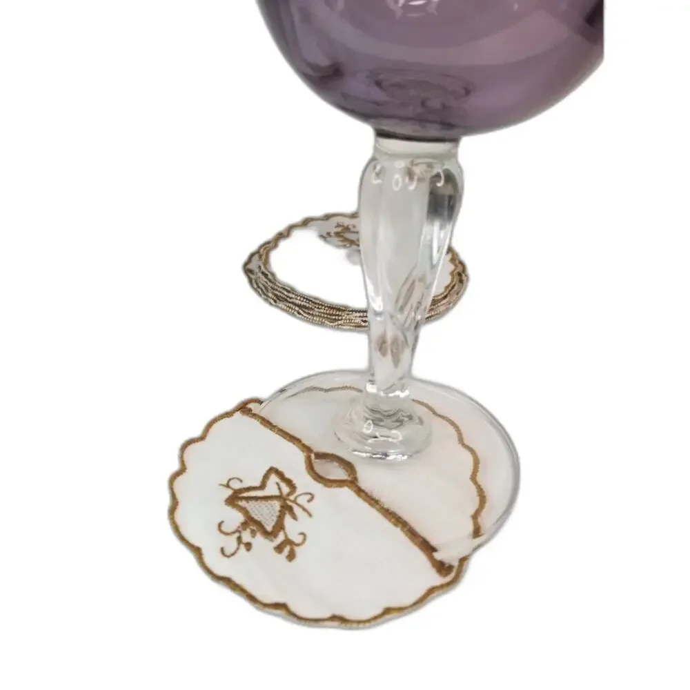 1970s White Gold Cloth Embroidered Cocktail Napkin Glass Cover Set of 11